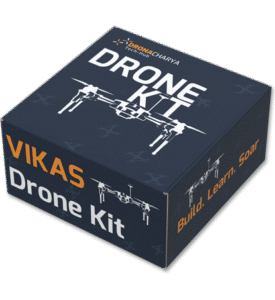 A blue box labelled "VIKAS Drone Kit" with an image of a drone and the phrases "Build. Learn. Soar." and "Drone Kit" on the packaging.
